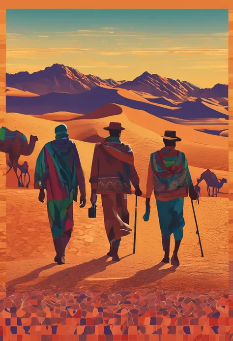 Create mosaic image of three men walking in the desert with camels