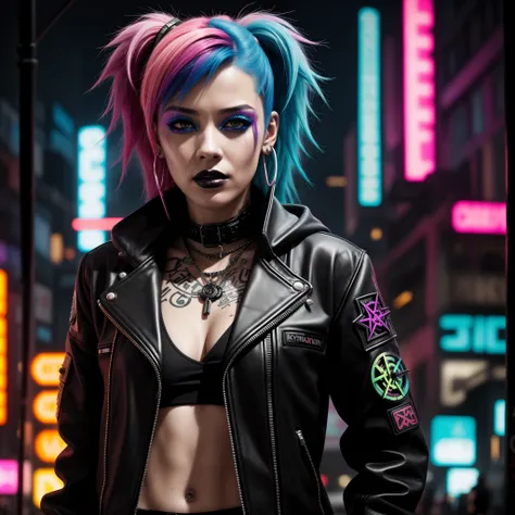 A photo of a rebellious cyberpunk female, with vibrant dyed hair and facial piercings. She wears a patched leather jacket adorned with rebellious cyberpunk symbols. The backdrop is a dystopian city street, filled with graffiti-covered walls and flickering ...