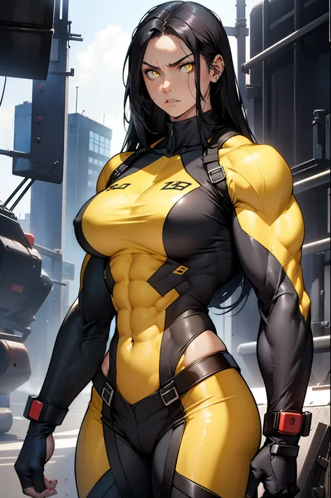 (((((1 girl))))), black hair, very long hair, yellow eyes, (((((((muscular))))))), toned body, ((large breasts)), angry, pale skin, (bodysuit)