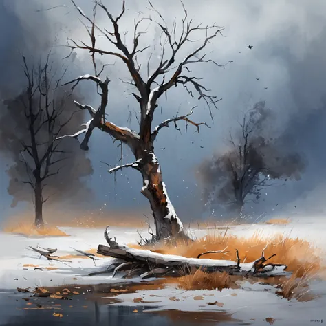 Two crows on a dead tree, A shadow shaped like a walker, Starry night, Thick fog on the ground, Blue light on the horizon, Unreal Engine 5, Cinematic, low angle photography, Motion blur, Depth of field, Dust, Cobblestones and dirt. Splash Art, dripping pai...