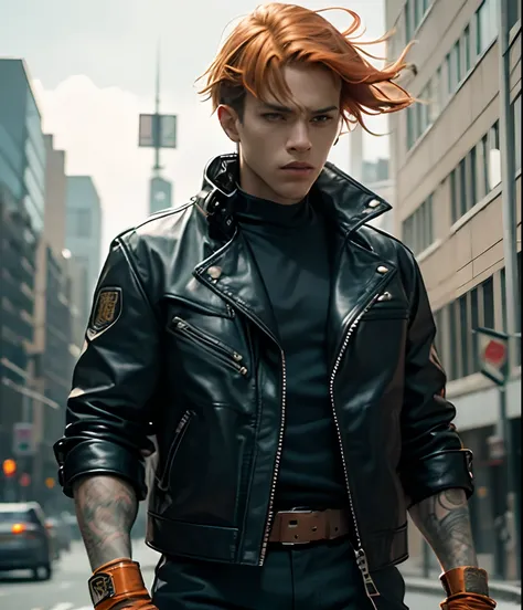 A beautiful male fighter, black leather jacket, orange-haired, with building behind, showing bravery, cinematic, realistic, 4k --auto --s2