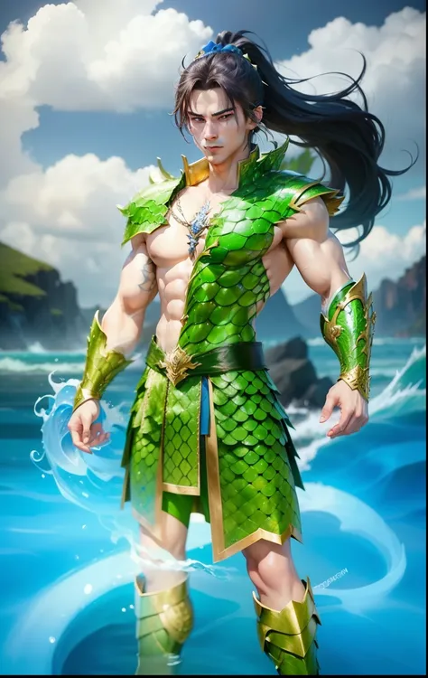 Boy, handsome, sixpack, charming, dragon, golden armor, ocean, Storm, magic Green dragon scales, blue eyes, white skin, ponytail hair, realistic, ultra detail, perfect face, perfect eyes