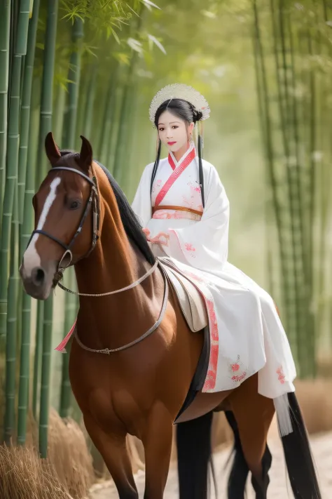 A woman dressed in traditional clothing rides a horse through a bamboo forest, Hanfu, Palace ， A girl in Hanfu, White Hanfu, Wuxia, full-body wuxia, Wearing ancient Chinese clothes, xianxia fantasy, with acient chinese clothes, Chinese costume, Anime girl ...