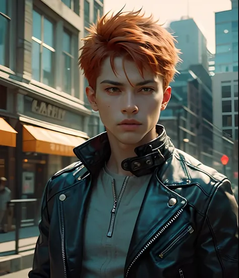 A beautiful male fighter, black leather jacket, orange-haired, with building behind, showing bravery, cinematic, realistic, 4k --auto --s2