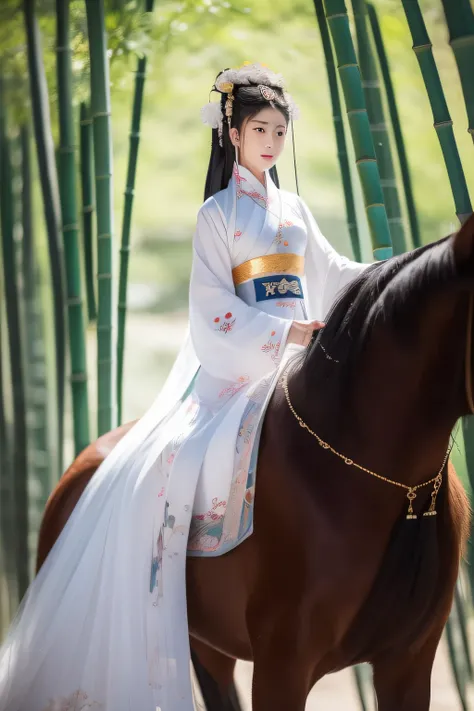 A woman dressed in traditional clothing rides a horse through a bamboo forest, Hanfu, Palace ， A girl in Hanfu, White Hanfu, Wuxia, full-body wuxia, Wearing ancient Chinese clothes, xianxia fantasy, with acient chinese clothes, Chinese costume, Anime girl ...