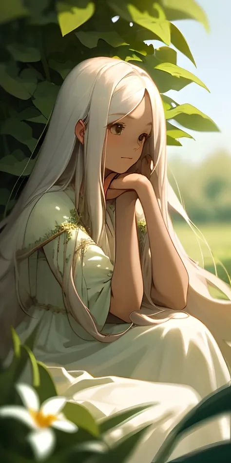 (masterpiece, best quality),1girl with long white hair sitting in a field of green plants and flowers, her hand under her chin, warm lighting, white dress, blurry foreground