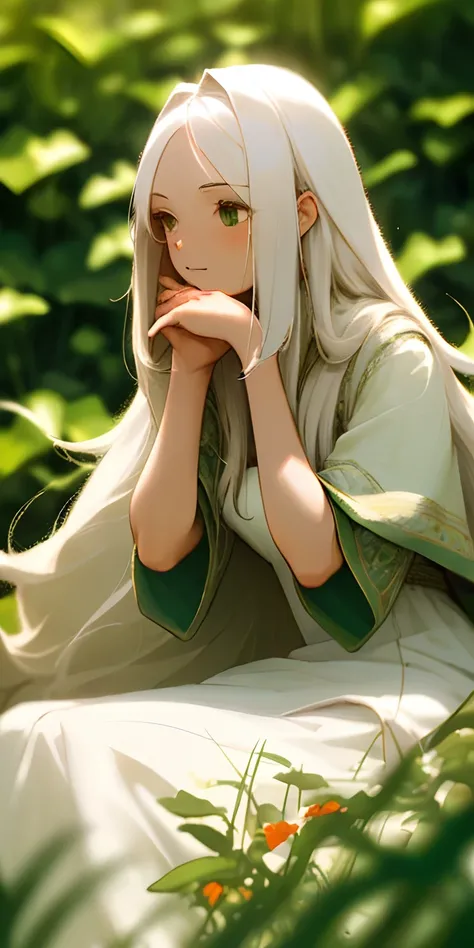 (masterpiece, best quality),1girl with long white hair sitting in a field of green plants and flowers, her hand under her chin, warm lighting, white dress, blurry foreground