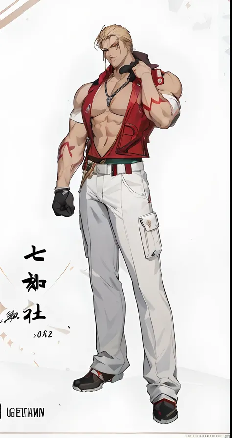 Anime characters with guns and red vests and white pants, 《king of fighter》role, As a character in Tekken, fighting game character, ( ( concept art of character ) ), SNK, G Liulian art style, king of fighters style, official character art, male character d...