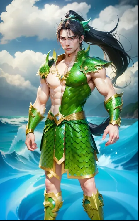 Boy, handsome, sixpack, charming, dragon, golden armor, ocean, Storm, magic Green dragon scales, blue eyes, white skin, ponytail hair, realistic, ultra detail, perfect face, perfect eyes