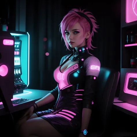 A close up photo of a female with a pink and blue punk hairstyle. She wears a futuristic dress with glowing circuit patterns. She is sitting a bar, the neon lights and reflections create a visually stunning composition. Epic character composition, sharp fo...