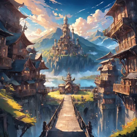 mountainous、by lake、Large space、high sky、suns、radiant light、Machine City、Steampunk element、Victorian city atmosphere、Clear lake、bucolic、