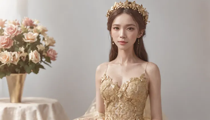 There were 2 women with flower crowns on her head.,Wearing a gold evening gown.,(Gold wedding dress,long skirt and Sneakers), (lifelike, photo-realistic: 1.37), Full-body 8K, Detailed, detailed face, (vibrant, photo-realistic, Realistic, crisp focus, 10), ...