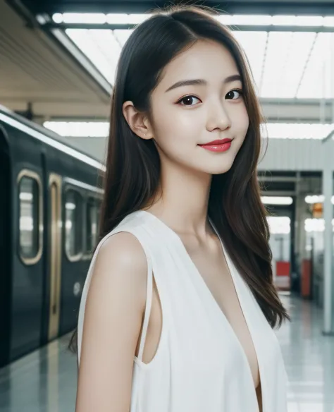 ((best quality, 8K, masterpiece: 1.3)), beautiful girl, pure, melon face, kind and cute, sweet smile, pure desire, slender body, (front), (tilted head), ((looking at camera) ) , wearing a white suit, long black silky hair, long flowing shoulders, round bla...