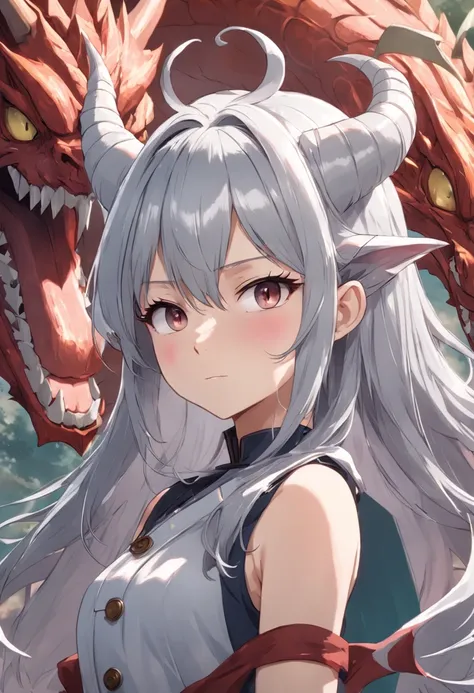 dragon horns, silver hair, bored, character chart, cut-in, Ghibli-like colours, highres, high details