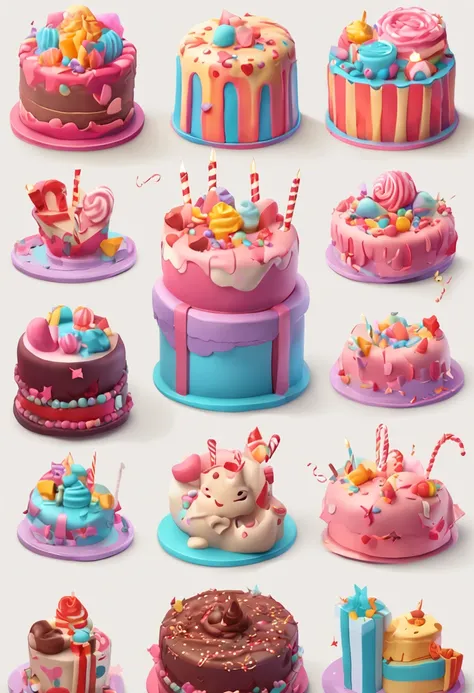 3d vector set of birthday icons in the style of atey ghailan, mixes realisitic and fantastical elements, candy core realistic and hyper-detailed renderings, low poly, soft muted color palette, isolate on white