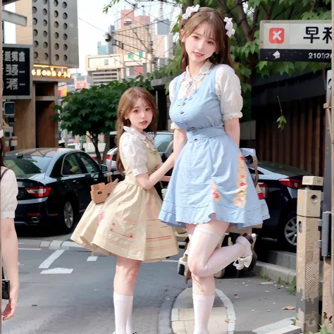 Two girls in short skirts standing on a street corner, Anime maid,2 girls,Height gap,Height contrast ，trending at cgstation, trending on cgstation，Whole body phase, weird camera angle, highly fashionable, belle delphine, 8K, lolita fashion,，A giantess，stre...