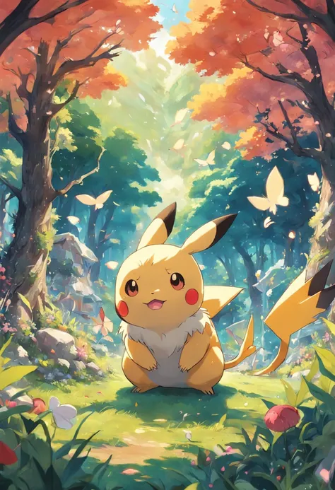 Pokémon, all kinds of virtual critters, fill the entire meadow, Q version, cute, surreal, fresh painting