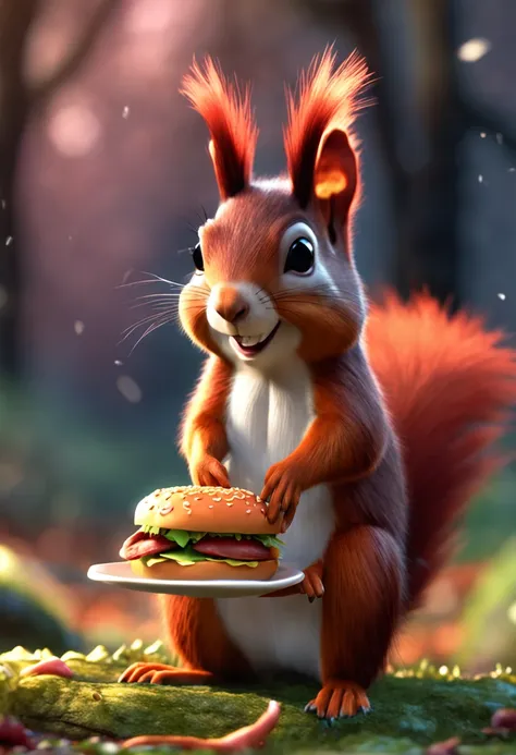 squirrel holding a hamburger, feliz, estilo cartoon