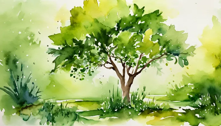 Spread out，the watercolor style，foliage，bushes，green color，unmanned