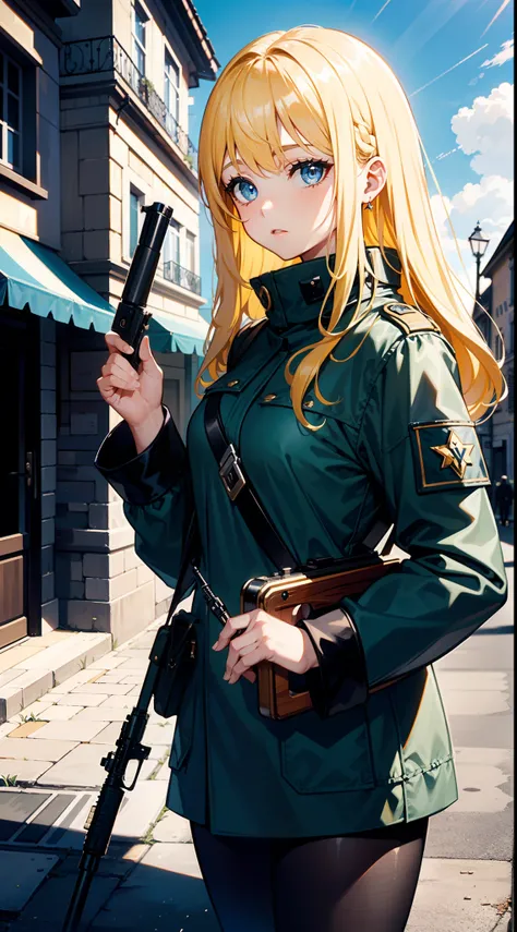 (Beautiful wallpapers)，1girll，Yellow hair，long whitr hair，(Vichy France)，(Great Germanic period)，New World Order，Wehrmacht，(French town background)，Use of Cold War technology rifles