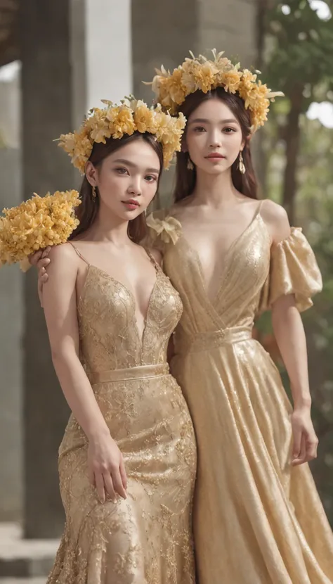 There were 2 women with flower crowns on her head.,Advertise the launch of a nourishing cream extracted with natural extracts., Wearing a gold evening gown.,(Gold wedding dress,long skirt and Sneakers), (lifelike, photo-realistic: 1.37), Full-body 8K, Deta...