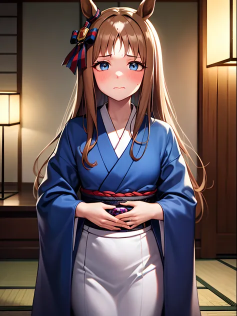 ​masterpiece, Best Quality，top-quality，{{{Glass Wonder/Umamusume}}}，{{brown colored long hair}}，{{White pattern on forehead hair}}，{{{Marl}}}，Light blue eyes，Look at viewers，red blush，Nasty face，a closed mouth，lipsticks，{{{Very small breasts}}}，{{{Kimono w...