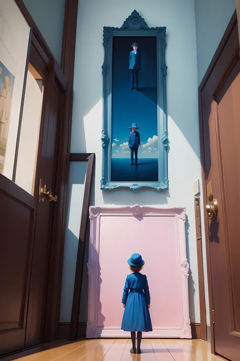 everything in blue and pink, surrealism, Rene Magritte, one very small person standing watching a lot of flying picture frame