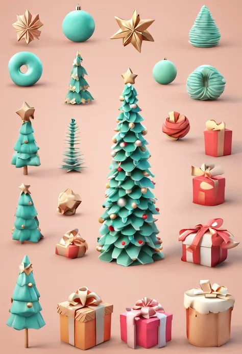 3d vector set of Christmas tree icons in the style of atey ghailan, mixes realisitic and fantastical elements, candy core realistic and hyper-detailed renderings, low poly, soft muted color palette, watercolor isolate on white