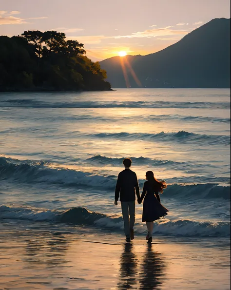 Couple walking by the sea at sunset