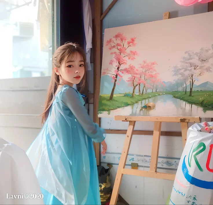 painting of a girl in a blue dress standing in front of a painting, in a oil painting style, palace ， a girl in hanfu, beautiful character painting, covered in oil painting, painting come to life, exquisite painting, in her art room, a beautiful painting, ...