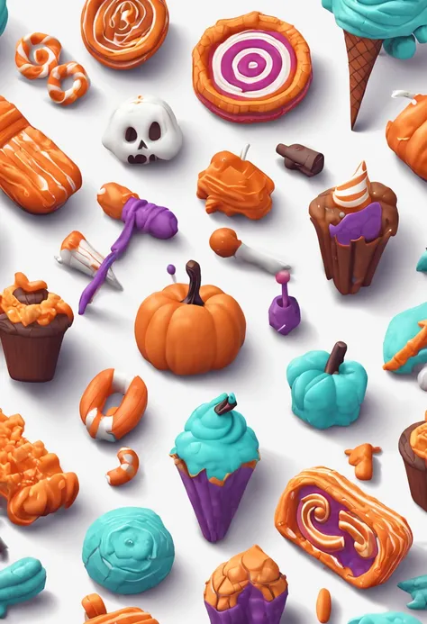 3d vector set of Halloween icons in the style of atey ghailan, mixes realisitic and fantastical elements, candy core realistic and hyper-detailed renderings, low poly, soft muted color palette, watercolor isolate on white