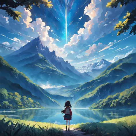 mountainous、by lake、Large space、high sky、suns、radiant light、Clear lake、bucolic、looking-down、