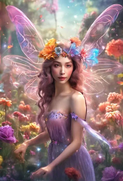 Flower fairy with transparent multicolored wings holding a magic wand，Flying in a sea of flowers，best qualtiy， 8k ultra-realistic， High detail Depth of field，The skin of the face is crystal clear