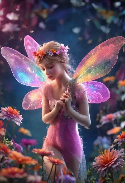 Flower fairy with transparent multicolored wings holding a magic wand，Flying in a sea of flowers，best qualtiy， 8k ultra-realistic， High detail Depth of field，The skin of the face is crystal clear