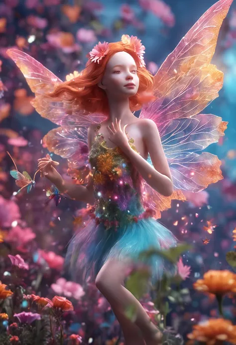 Flower fairy with transparent multicolored wings holding a magic wand，Flying in a sea of flowers，best qualtiy， 8k ultra-realistic， High detail Depth of field，The skin of the face is crystal clear