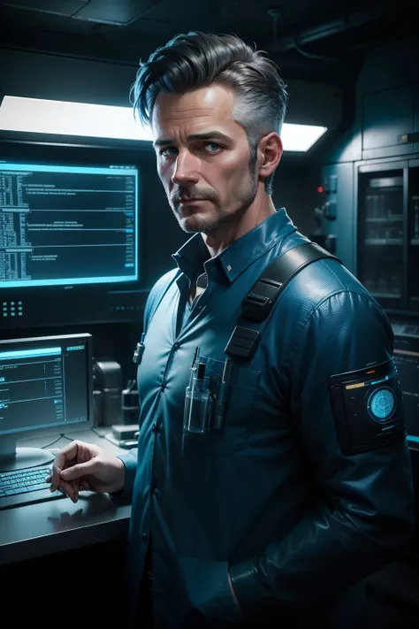 (scifi style，Lab scenario，middle aged man，36 years old，short detailed hair，Work seriously，screens，The code is displayed，Blue tones)