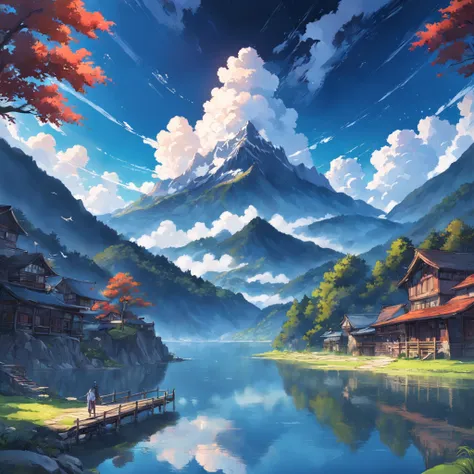 mountainous、by lake、Large space、high sky、suns、radiant light、Clear lake、bucolic、looking-down、Lakeside village