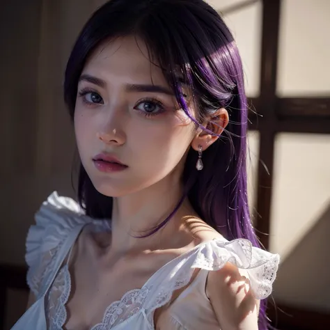 best quality,masterpiece,extremely detailed,high res,4k,ultra high res,detailed shadow,ultra realistic,realistic,dramatic lighting,1girl,solo,detailed face,realistic eyes,realistic skin,white dress,purple hair,dynamic pose, white lace dress