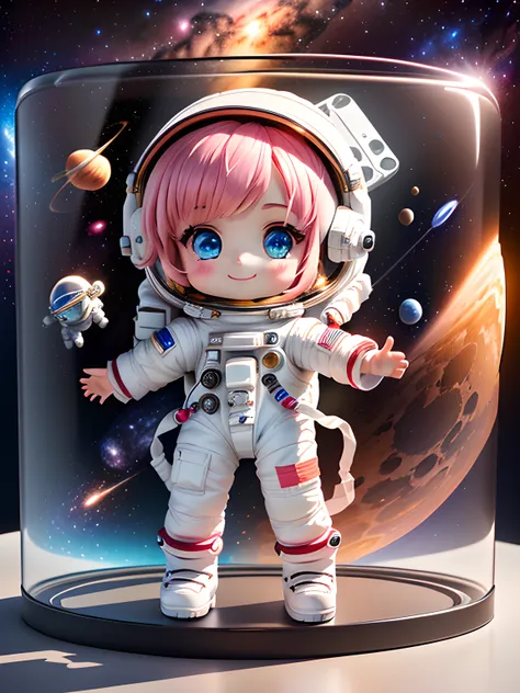 Super cute girl full body 3D drawing,1pc,good eyes looking,largeeyes,adolable,having fun,c4d,Pop Matt Blind Box,Long pink hair,Glowing bubbles,toys,solid color backdrop,tchibi,Fluorescent transmission,luminous body, kawaii,dolls,(((The astronaut,space suit...