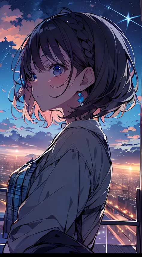 masutepiece, Best Quality,Illustration, Wallpaper, Ultra Detail, absurderes, 1girl in、 (Medium short hair、short braided hair), Beautiful ultra-detailed eyes , Hair fluttering in the wind、Smaller head、Beautiful night sky、(a panoramic view:1.5)