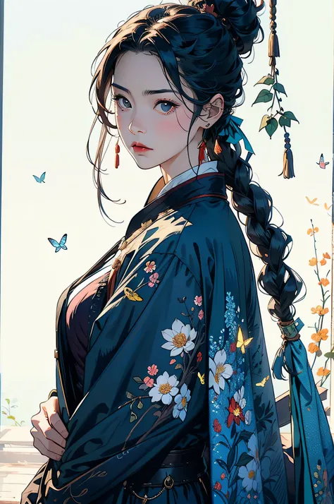 A woman，Leaf messenger，Period costumes，blue main tone，wise man，The expression bowed his head indifferently，Upper body portrait，Ultra-clear，Background words: flowers and butterflies