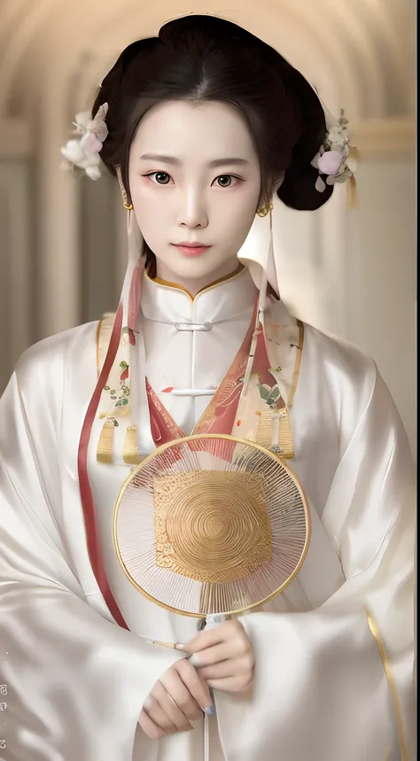 The Araved woman in a white dress holds a white fan, Palace ， A girl in Hanfu, Wearing ancient Chinese clothes, Hanfu, Inspired by Qiu Ying, with acient chinese clothes, inspired by Jeong Seon, Princesa chinesa antiga, Traditional beauty, Chinese tradition...