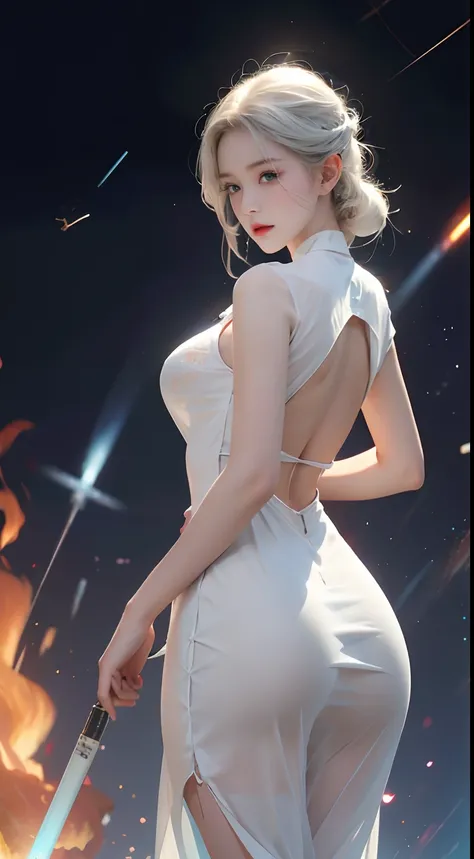 realisticlying, A high resolution, 1 rapariga, White color hair, korean people, eBlue eyes, The transparent cheongsam is flying，Sheer tight-fitting garments，Beads of sweat dripped down the buttocks，Large chest，Wide buttock， your ass，Butt visible，Visible on...