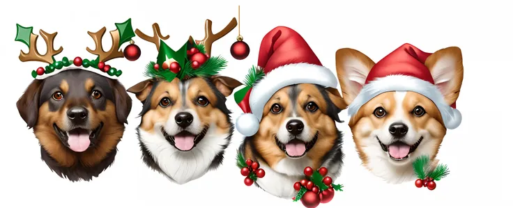 Close-up of a group of dogs wearing Christmas hats, 💋 💄 👠 👗, Decorative ornaments, cute faces, telegraph stickers, Dogs, 2D, 2 d, added detail, LOL, telegraph stickers design, with fully detailed faces, A full face, Ornaments, Christmas, 3 pm, cartoonish s...