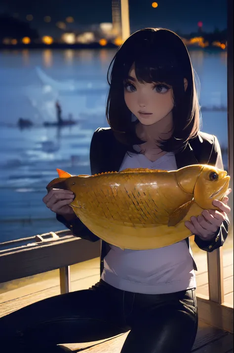 ((((Catch big fish by the lake:1.5)))),((Female 28 years old)),((Best Quality:1.5)),(((Hands with the correct number and structure of fingers:1.4))),((Big fish:1.37)),hight resolution,ultra-detailliert,​masterpiece,best qualtiy,(Eight-headed body),Black ha...