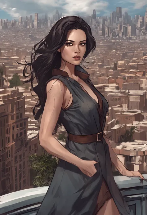 An adult female in a city，Has long and silky black hair in messy layers, Warm brown eyes reflect compassion and kindness. Her confident demeanor and elegant figure exude elegance，Stand in front of an impressive city background. Wear a delicate dark brown o...