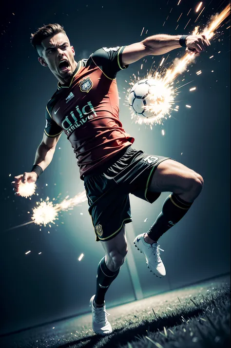 create an footballer kick the ball illustration, full body jump, anger is the feeling that make your mouth work faster than your mind, detailed, realistic, explosion, dynamic colors, cinematic lighting, Alfon Muncha, cell shading, space,