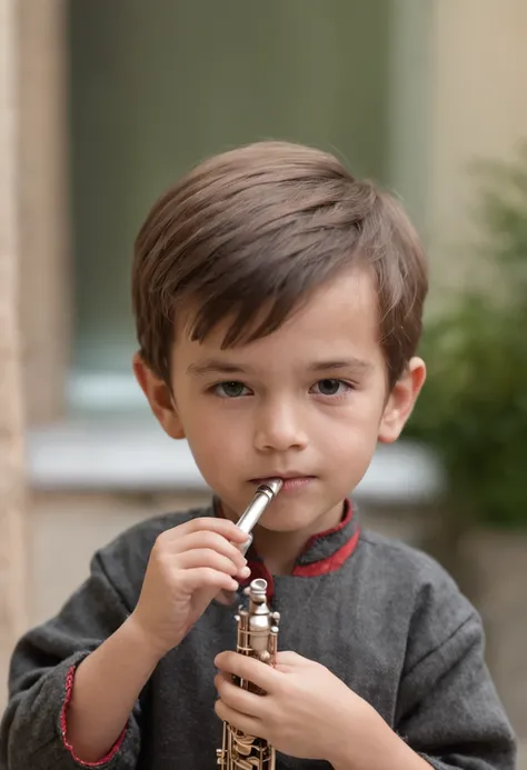 Handsome little boy is playing flute in charismatic style， tmasterpiece， best qualtiy， 8k， artstation， Clear focus， Ultra photo realsisim， high detal， Original photo portrait of cute little city （an extreme closeup shot）， （（（backround defocused））：1.7， （（de...