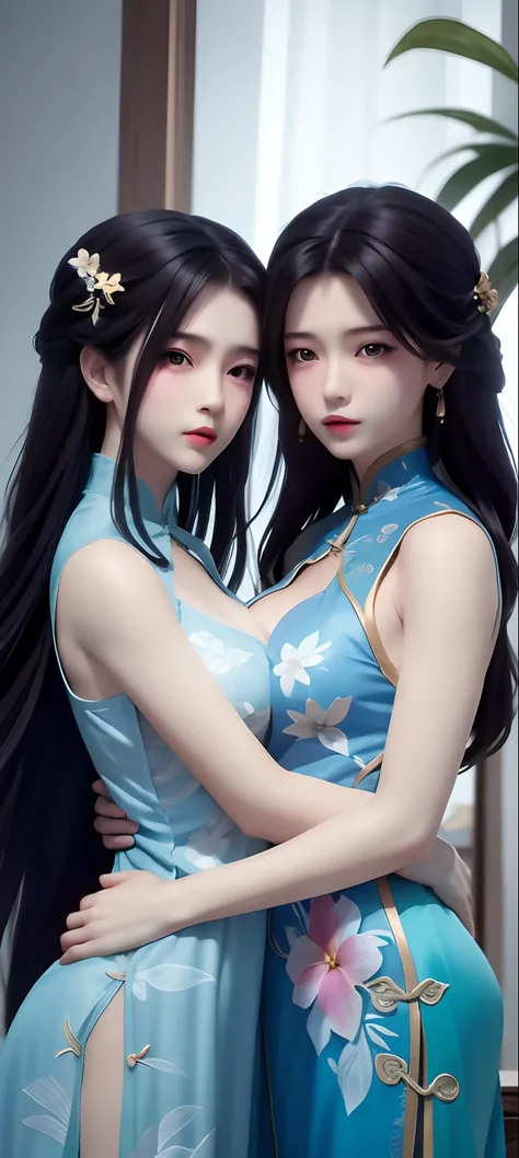 Two Asian women in blue dresses hug each other, trending on cgstation, trending at cgstation, Guviz, Ruan Jia and Artgerm, Guviz-style artwork, with acient chinese clothes, two beautiful anime girls, inspired by Wang Duo,, with blue skin