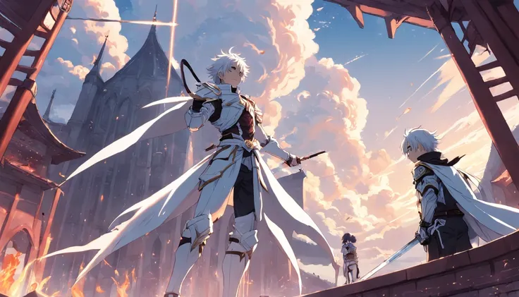 A white-clad swordsman stands on a floating roof，Behind him is a huge sun